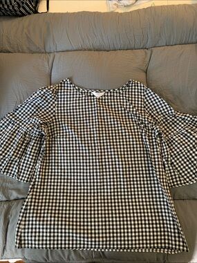 Time and Tru Black and White Gingham Bell Sleeve Top